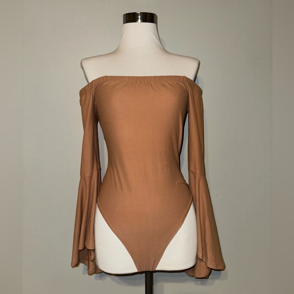 Camel colored Off or on shoulder quarter bell sleeve bodysuit